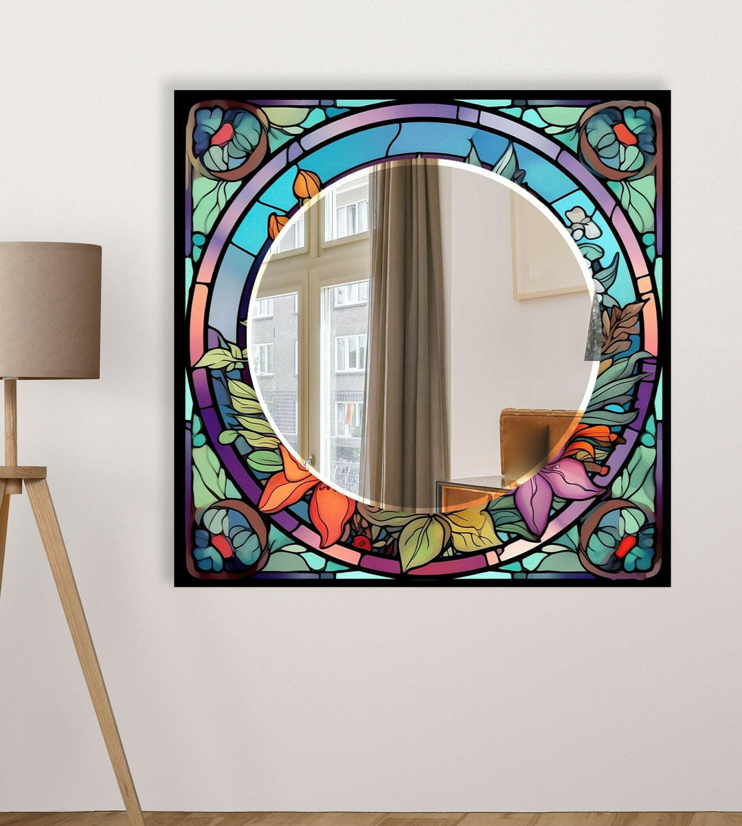 Colored Flowers Stained Wall Mirror Red Wall Mirror
