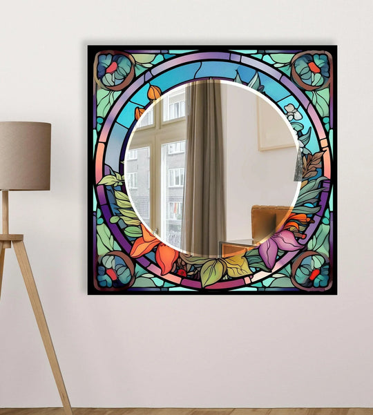 The black frame mirror features stained floral accents and is a colored flowers wall mirror and a stunning artistic statement piece with a vivid floral design on a wall