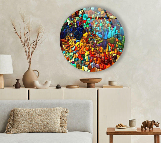 Tempered glass wall art decor showcases an 8k UV printed red mosaic pattern, highlighting the material's durability and the clarity of the round glass art.