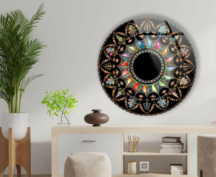 Black Mandala Round Glass Wall Art Glass Printing Wall Art, Print photos on glass
