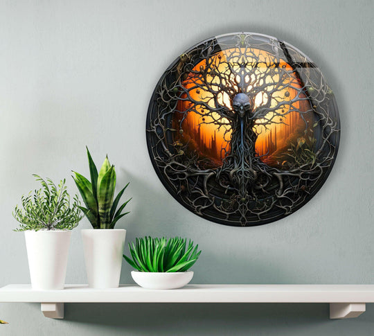 The realistic detail highlights the stunning Dead Life Of Tree round glass wall art prints, showcasing intricate tree roots and skull details in the striking composition.