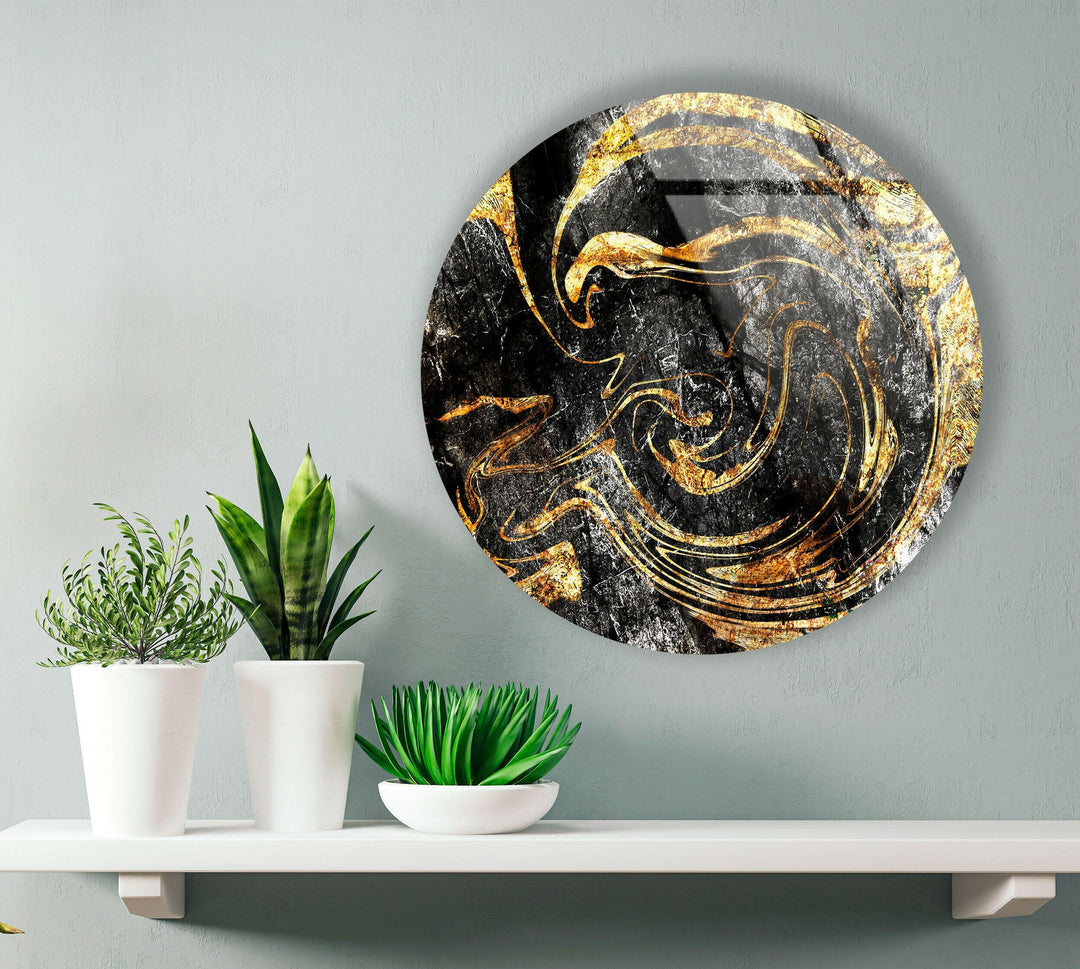 Golden Details Black Abstract Round Glass Wall Art glass art painting, glass art for the Wall
