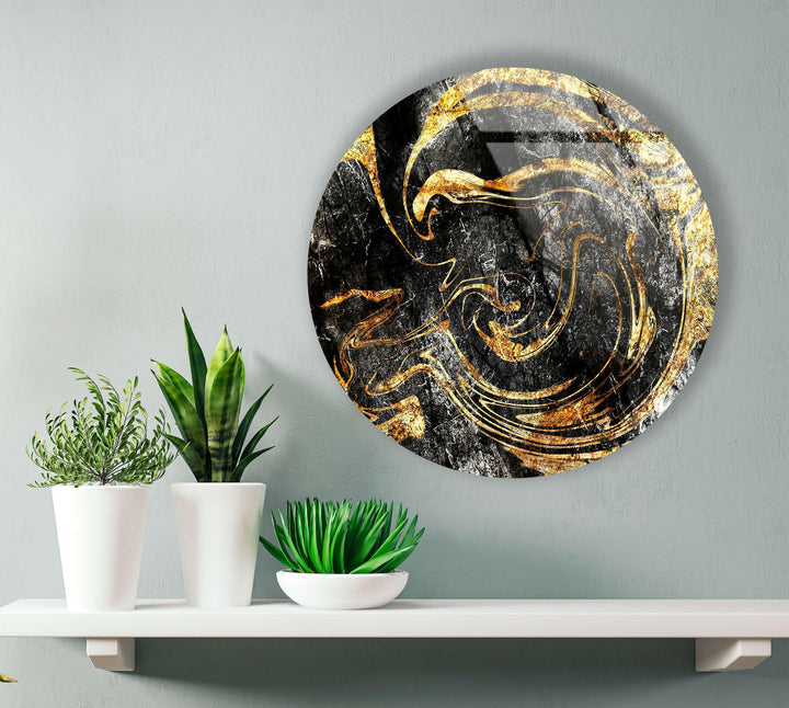 Golden Details Black Abstract Round Glass Wall Art glass art painting, glass art for the Wall
