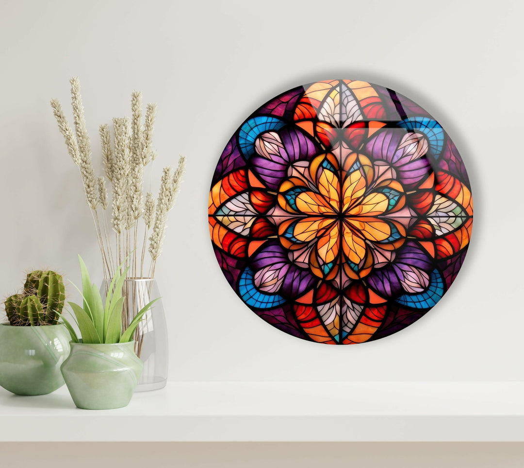 Mandala Pattern Stained Round Glass Wall Art Glass Printing Wall Art, Print photos on glass
