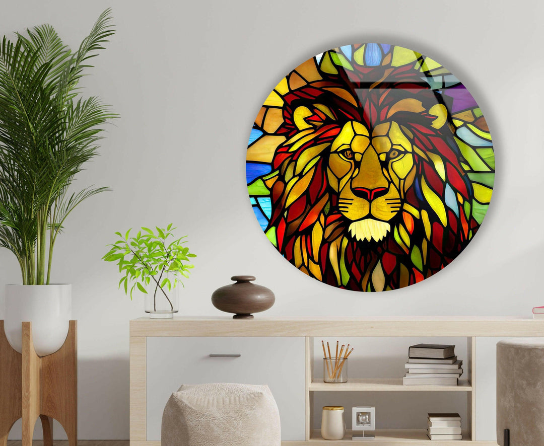 Stained Yellow Lion Round Glass Wall Art glass pictures for Wall, glass prints wall art
