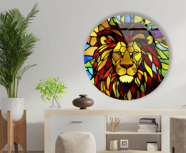 Stained Yellow Lion Round Glass Wall Art glass pictures for Wall, glass prints wall art
