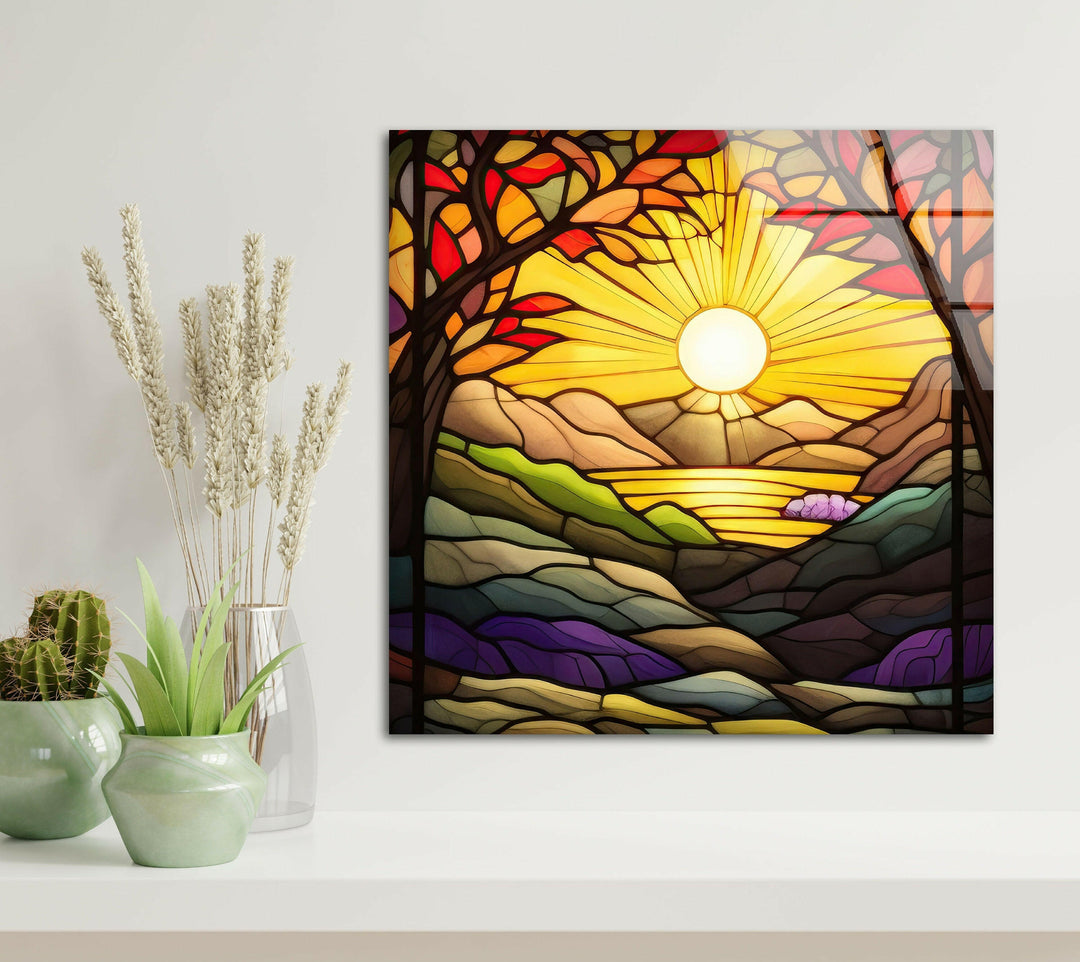 Stained Yellow Sunset Glass Wall Art print on glass, glass printed photos