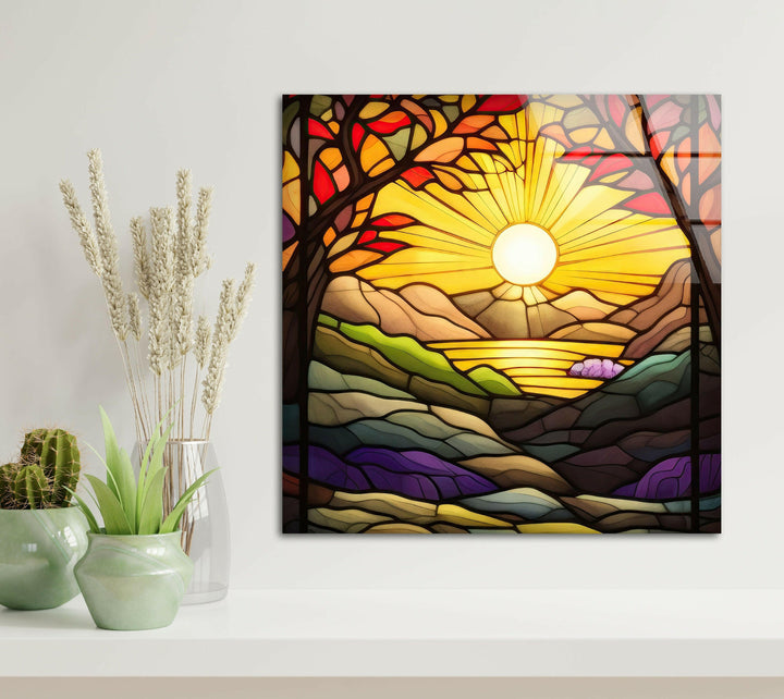 Stained Yellow Sunset Glass Wall Art print on glass, glass printed photos