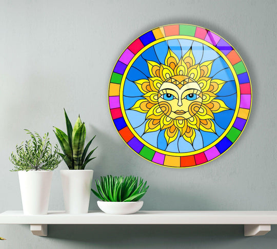 Featuring a radiant sun, this colorful mandala design round glass wall art utilizes intricate glass printing to create a vibrant and eye-catching central subject.