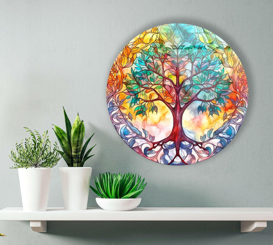 Subtle negative space surrounds the vivid, circular tree mandala in this dynamic glass wall artwork, contrasting with the artwork's lively hues and intricate details.