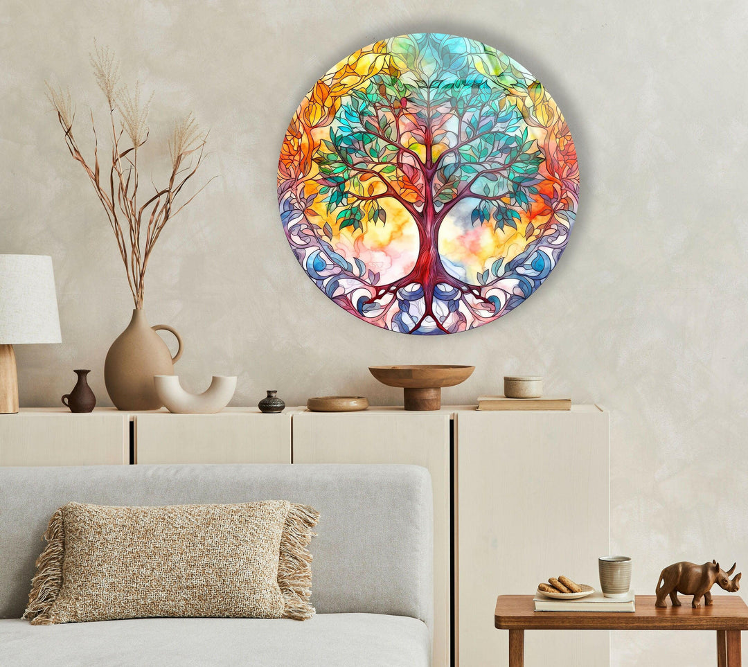 Colorful Tree Mandala Round Glass Wall Art custom glass pictures, glass art prints
