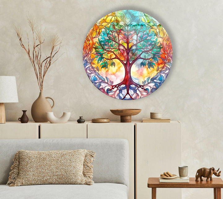 Colorful Tree Mandala Round Glass Wall Art custom glass pictures, glass art prints