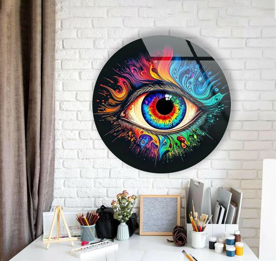 Vibrant colors in this glass wall artwork create a loud, mesmerizing focal point in this Eye Round Paint Splash round glass wall art.