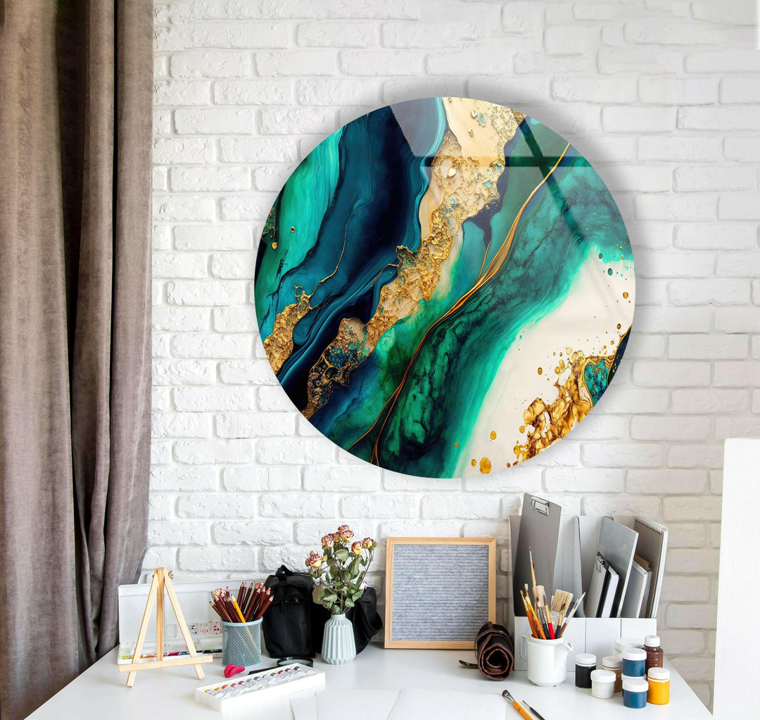 Green & Gold Marble Round Glass Wall Art large glass photo prints, glass wall photos
