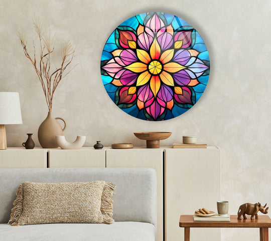 Illuminated by the brightest area, this stained yellow and purple round glass wall art is a radiant example of vibrant glass art painting.