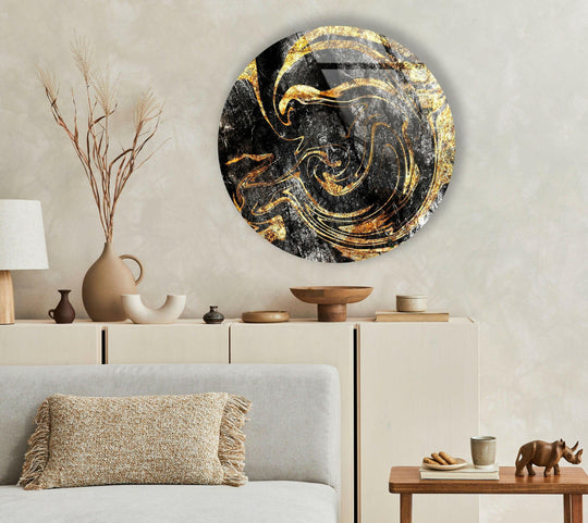 Brightest swirls of gold highlight the abstract marble texture within this luxury black and gold round glass wall art, offering unique modern wall decor.