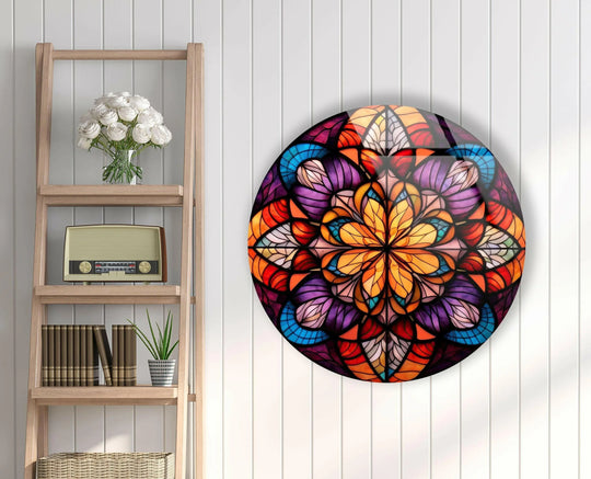 Subtle light and shadow play across this mandala pattern stained round glass wall art, creating depth in the vibrant wall prints.
