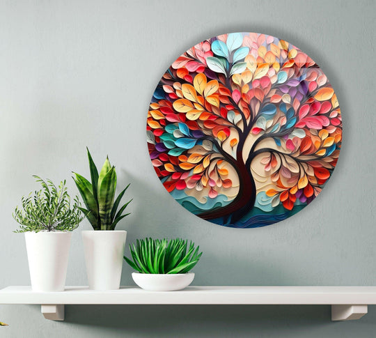Aesthetic home decor is evoked by the colorful Life of Tree round glass wall art, radiating warmth and positive energy with its vibrant pink and orange leaves.