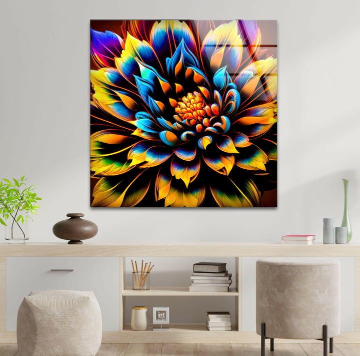 Multicolored Dahlia Flower Glass Wall Art, custom glass pictures, glass art prints