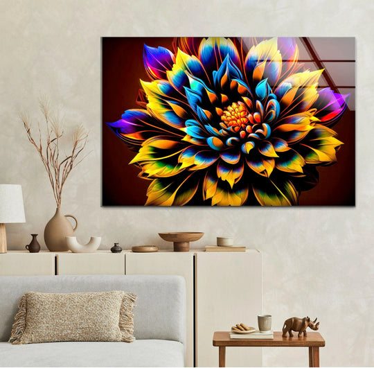 Reflecting light, the smooth surface texture of this multicolored dahlia flower glass wall art enhances the vibrancy of the floral wall prints.
