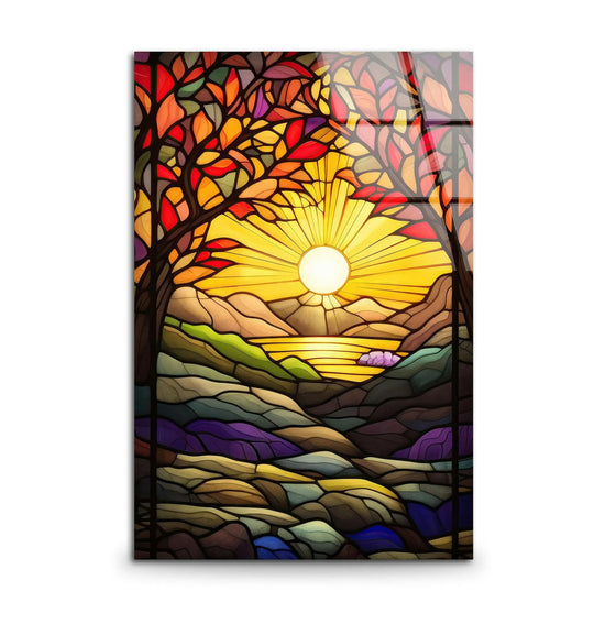 Stained glass wall art yellow sunset motif and radiant sunset art adds warmth to elegant interiors