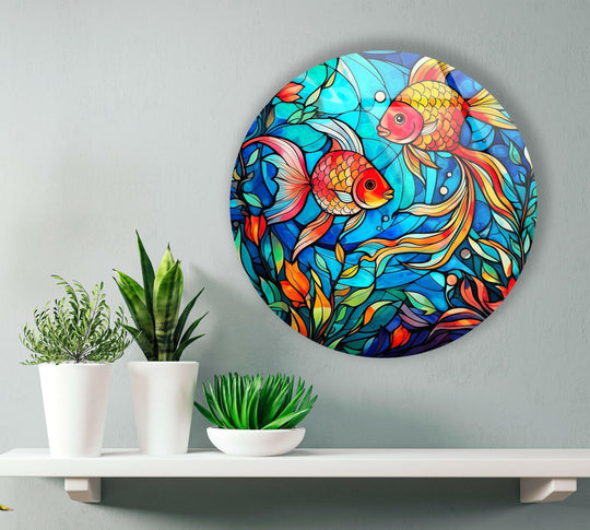 Against the softly textured, muted gray background, the stained little fishes round glass wall art prints add a splash of aquatic elegance to the understated scene.