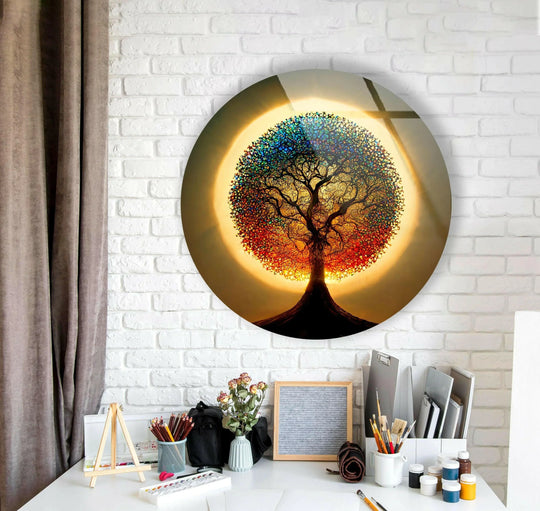 Showcasing the layering effect, this Life of Tree round showcases tempered glass wall art where radiant colors form an eye-catching, multi-dimensional nature scene.
