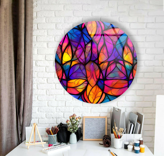 Vibrant color saturation defines this purple and orange stained round tempered glass wall art, creating a visually striking circular accent piece.