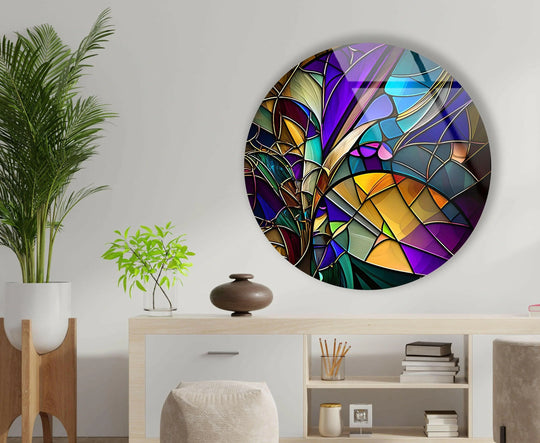 Inviting, the vibrant colored stained round glass art evokes a joyful mood, with its mosaic-like design beautifully enhancing the room as a unique glass art painting.