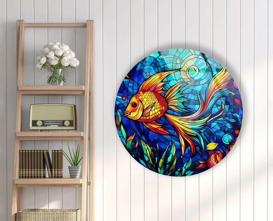 Vibrant fish round stained glass wall art decor showcases a colorful, mosaic-like design with an eye-catching goldfish motif against a deep blue aquatic backdrop.