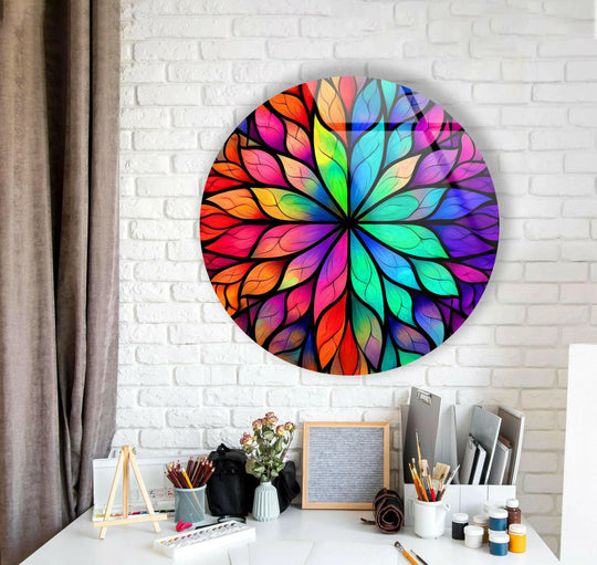 Organic forms in the stained round colored leafs glass wall art showcase unique modern wall decor through its vibrant, leaf-like shapes.