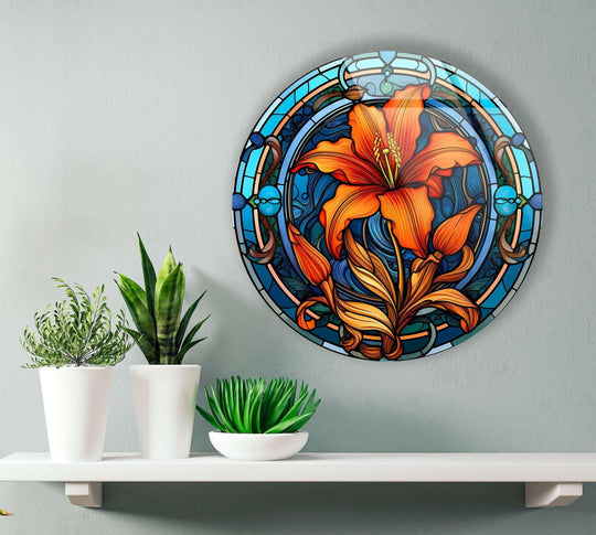 Visual rhythm is achieved through the repeated circular shapes and vibrant colors in this circular stained orange flower round art from glass, adding movement and visual interest.