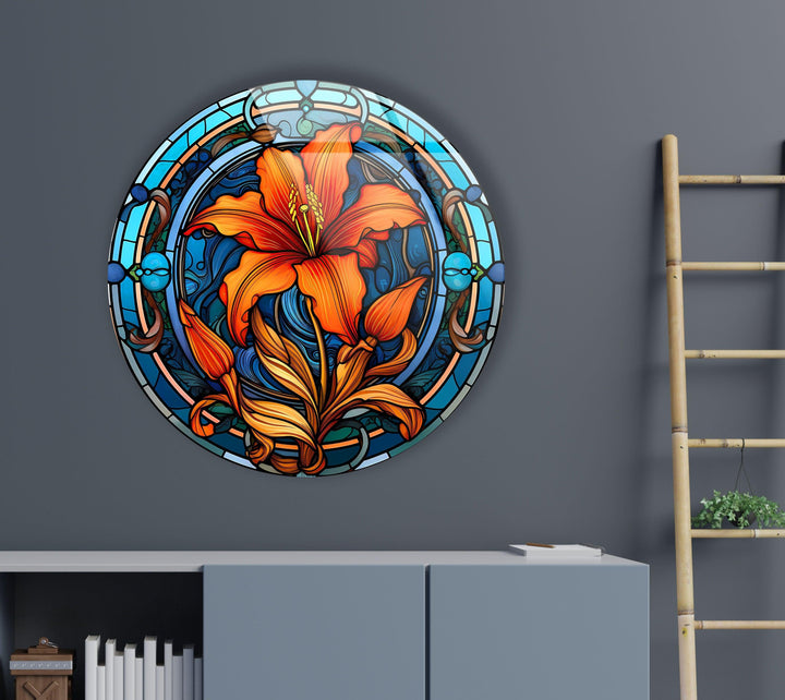 Circular Stained Orange Flower Round Glass Wall Art photo print on glass, prints on glass wall art
