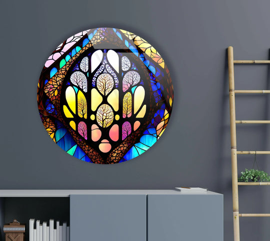 The stillness of this stained round yellow and brown glass wall art embodies vibrant art from glass, capturing a tranquil moment within its patterned design.