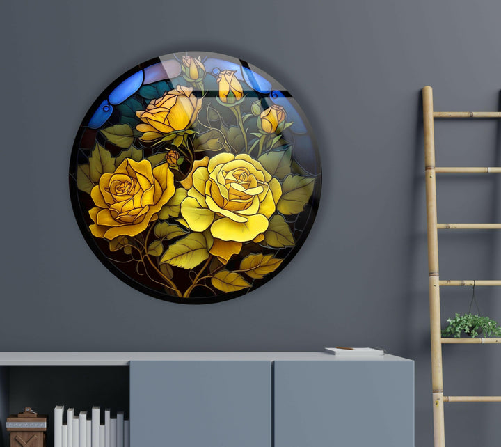 Yellow Roses Floral Round Glass Wall Art large glass photo prints, glass wall photos
