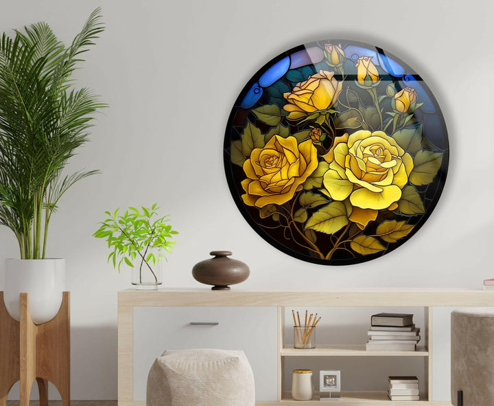 Yellow Roses Floral Round Glass Wall Art Glass Printing Wall Art, Print photos on glass
