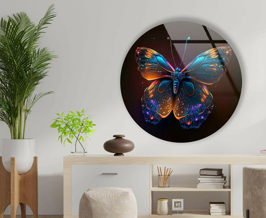 A polished edge defines this round glass decorative wall art featuring a bright butterfly with radiant wings, adding a touch of elegance.