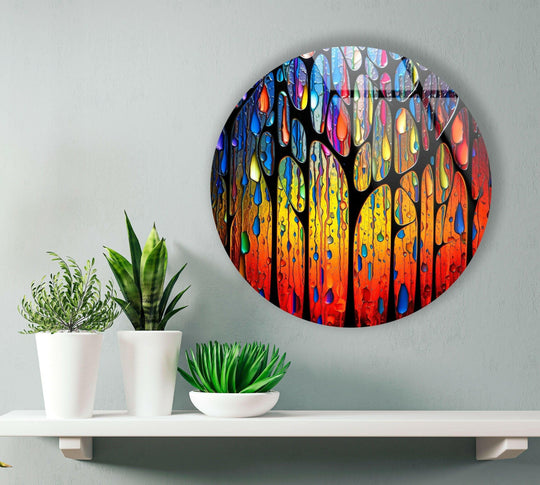Depth and layers emerge within this stained round raining paint glass wall artwork, creating a captivating focal point through vibrant color variations.