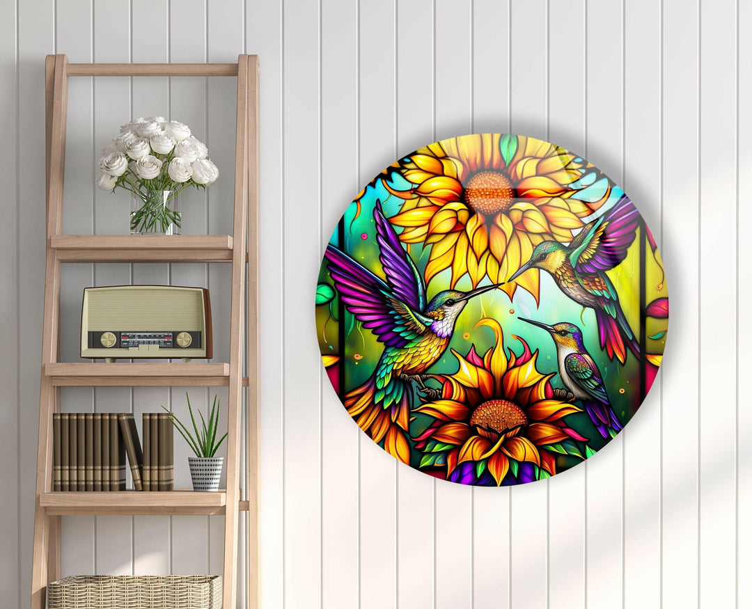 Stained Birds Round Glass Wall Art Glass Printing Wall Art, Print photos on glass
