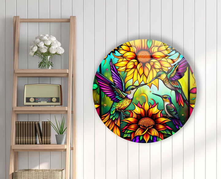 Stained Birds Round Glass Wall Art Glass Printing Wall Art, Print photos on glass
