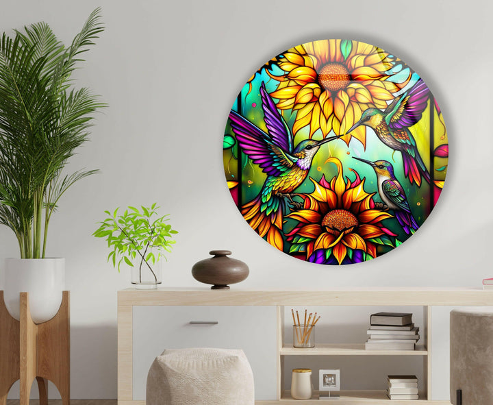 Stained Birds Round Glass Wall Art custom glass pictures, glass art prints
