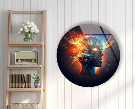 Highlighting the abstract quality, the digital artwork’s glass printing showcases a vibrant, futuristic human form with flowing lines and captivating energy in this round glass wall art.