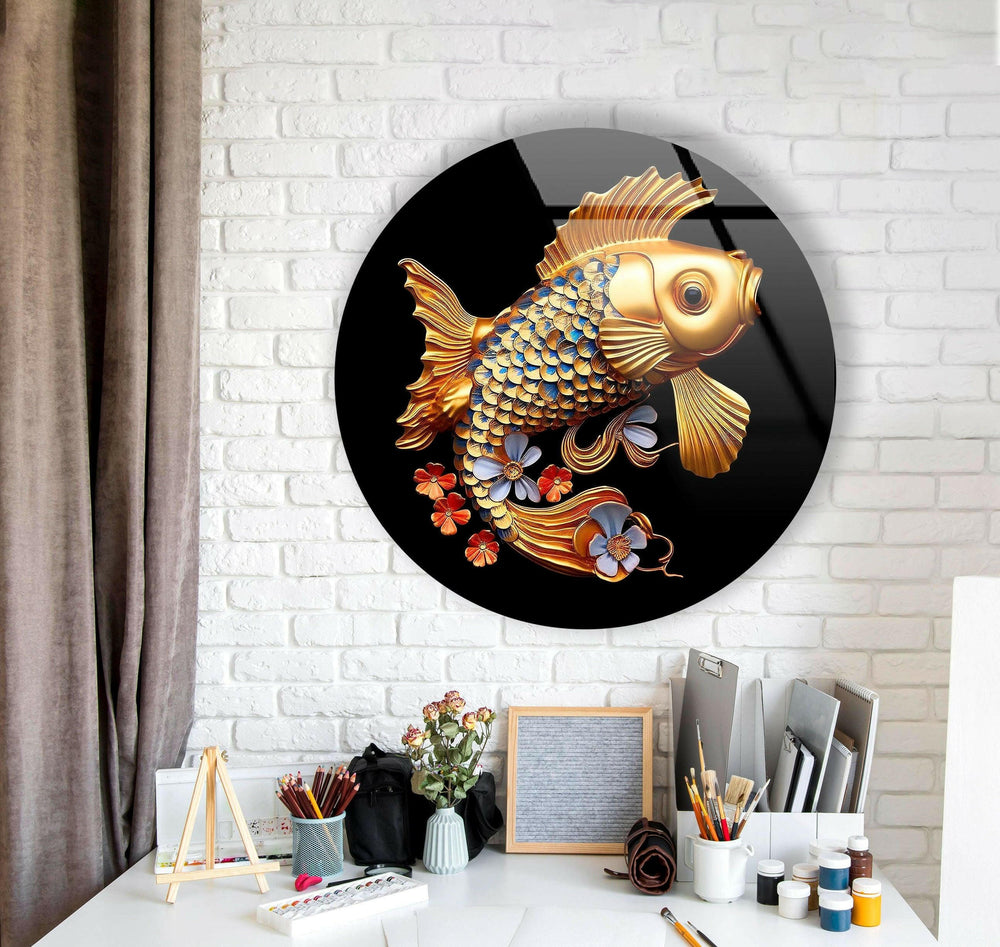 Golden Fish Round Glass Wall Art stained glass wall art, stained glass wall decor
