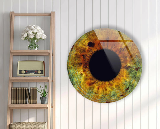 Darkest area draws the eye into this round, brown eye glass printing wall art, showcasing mesmerizing details and a unique circular design.