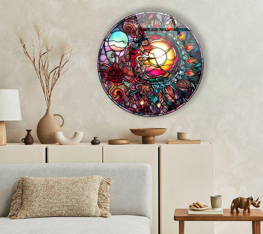Deep shadows accentuate the vibrant hues of the Stained Design Round glass wall art decor, a mesmerizing artistic glass masterpiece.