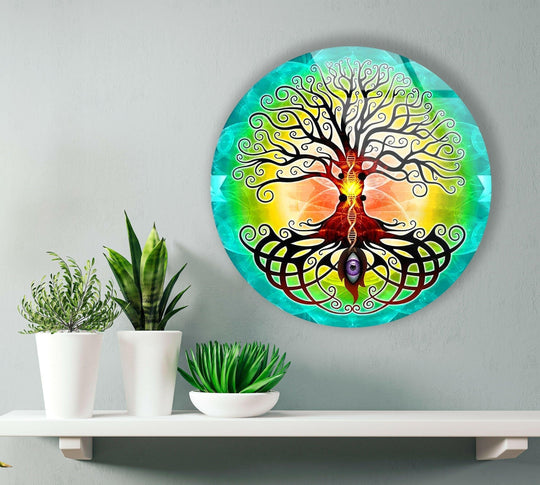 Featuring a glossy finish, the Mandala Round Tree of Life glass wall art adds captivating home decoration to any contemporary space.