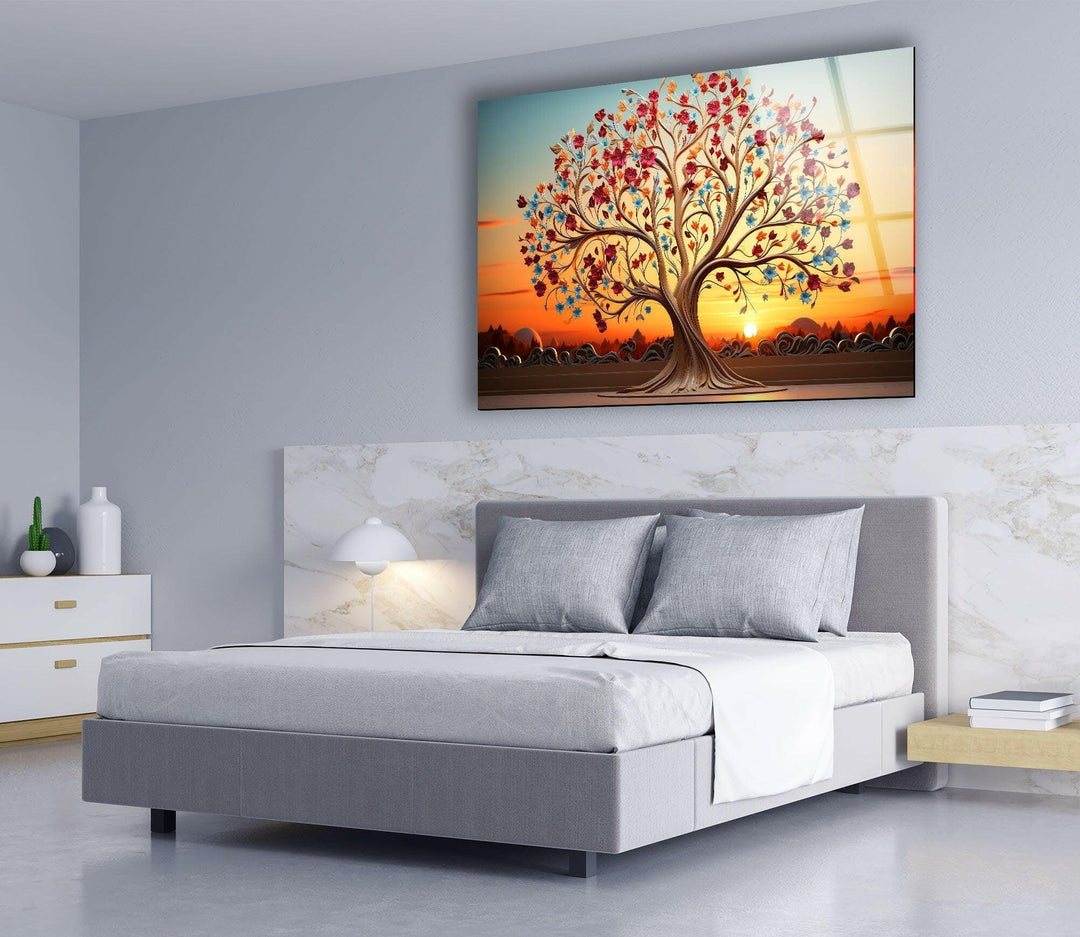 Colorful Tree At Sunset Glass Wall Art, custom glass photo prints, large glass prints