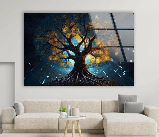 Evoking the abstract quality of mystical tree of life glass wall art, a futuristic illuminated vision of glass art painting is rendered in swirling blues and golds.