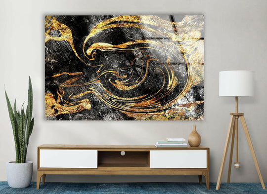 A warm, golden glow emanates from this captivating black and gold marbling mix glass wall artwork.