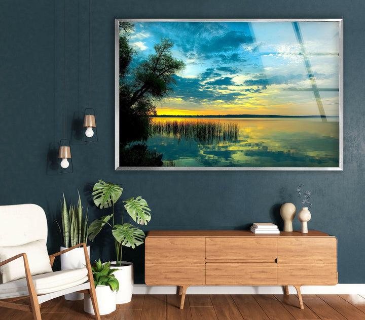 Nature-inspired artwork with a glowing horizon and peaceful lake reflections.
